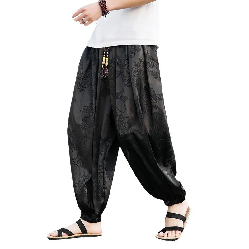 FGKKS 2023 Outdoor Brand Pants For Men Lce Silk Dragon Dark Flower Loose Bloomers High Quality Wide Leg Casual Trousers Male