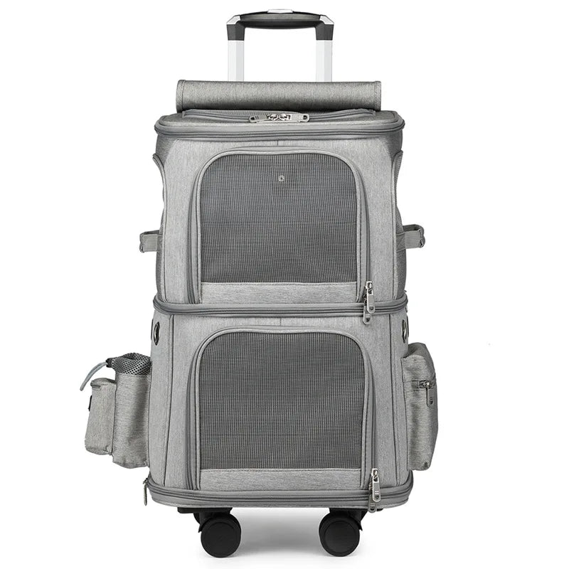 Collapsible Dog Cat Carrier with Rolling Wheels, Double-Tiered and Airline-Approved Pet Travel Bag