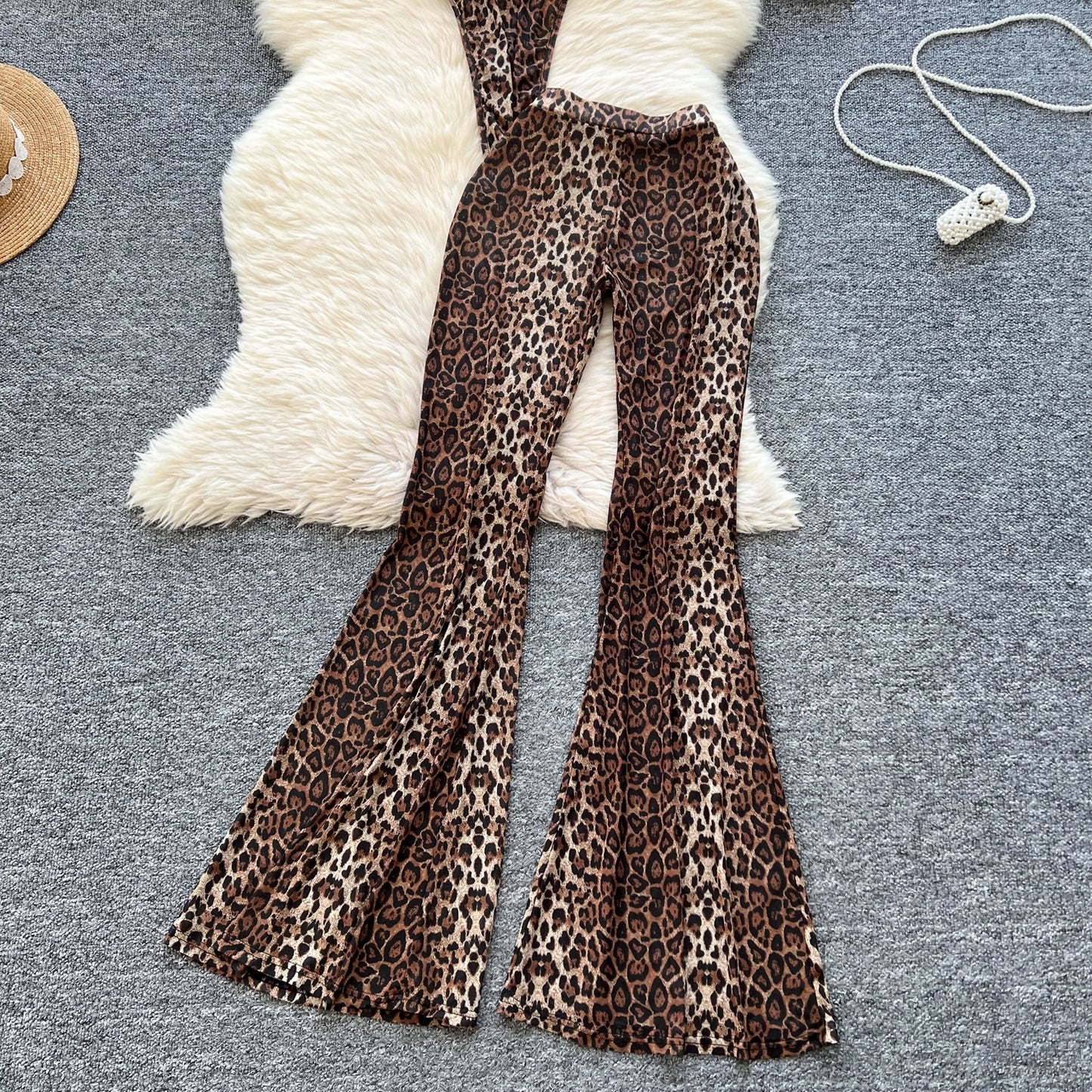 Newest Leopard 2PCS Suits UK Size Women Sexy Strap Tops +Elastic Waist Flared Pants American Ins Fashion Hot Sets