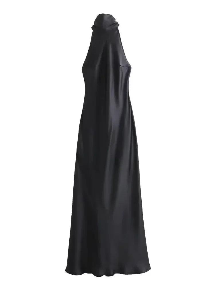 NEW Arrivals Black/Brown Elegant Brown Satin Halter Lace Up Long Dress Sexy Off Shoulder Backless Sleeveless Bodycon Dresses Autumn New Lady Party Luxury Fashion Clothing Supplies