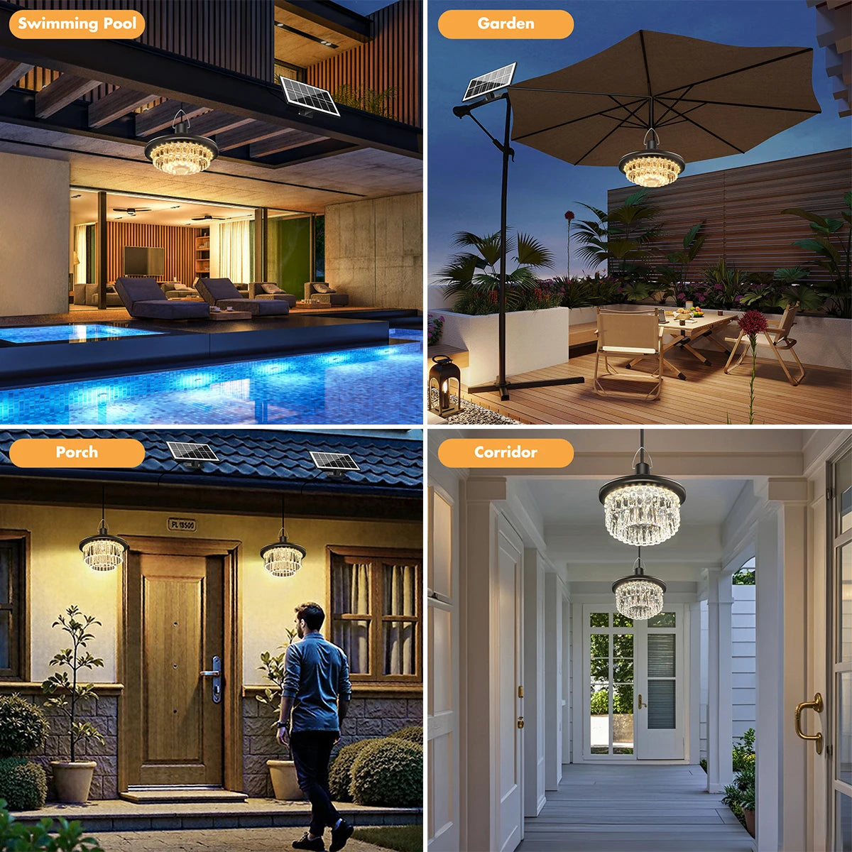 Waterproof Crystal Solar Pendent Light LED Solar Light Outdoor with Adjustable Color Changing Solar Garden Lamp for Gazebo