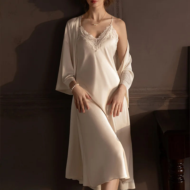 2 PCS Set S-3XL Plus Size Satin Ice Silk 3 Colors Curvy Ladies Long Robe Nightgown Set Pajamas Elegant Kimono Bathrobe Gown Sleepwear Summer Sexy Women's Home Wear Loungewear