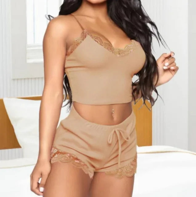 NEW Arrivals S-3XL Plus Size Fashionable Lace Erotic Color Block Set Chubby Women's Underwear V-Neck Sleeveless Sleepwear Comfortable Breathable Girls Home Clothes