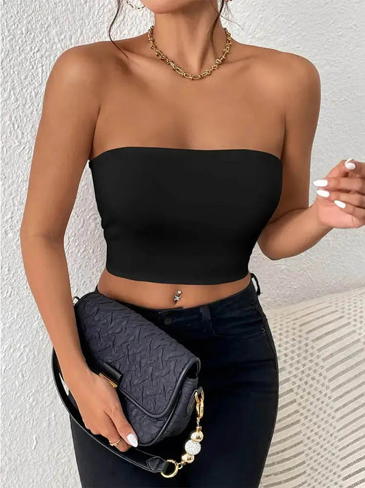 UK Size 6 Colors Sexy Bodycon Crop Tube Top, Solid Stretchy Tube Top, Casual Every Day Tops, Women's Clothing