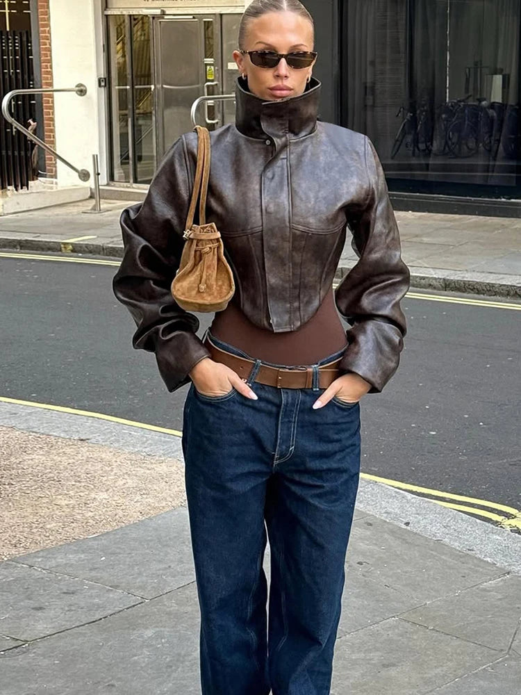 UK Size Brown/Black Color Wild PU Leather Irregular Crop Jacket Women Turtleneck Zip Button Full Sleeve Sexy Hottie Street Midnight Club Hipster Coat