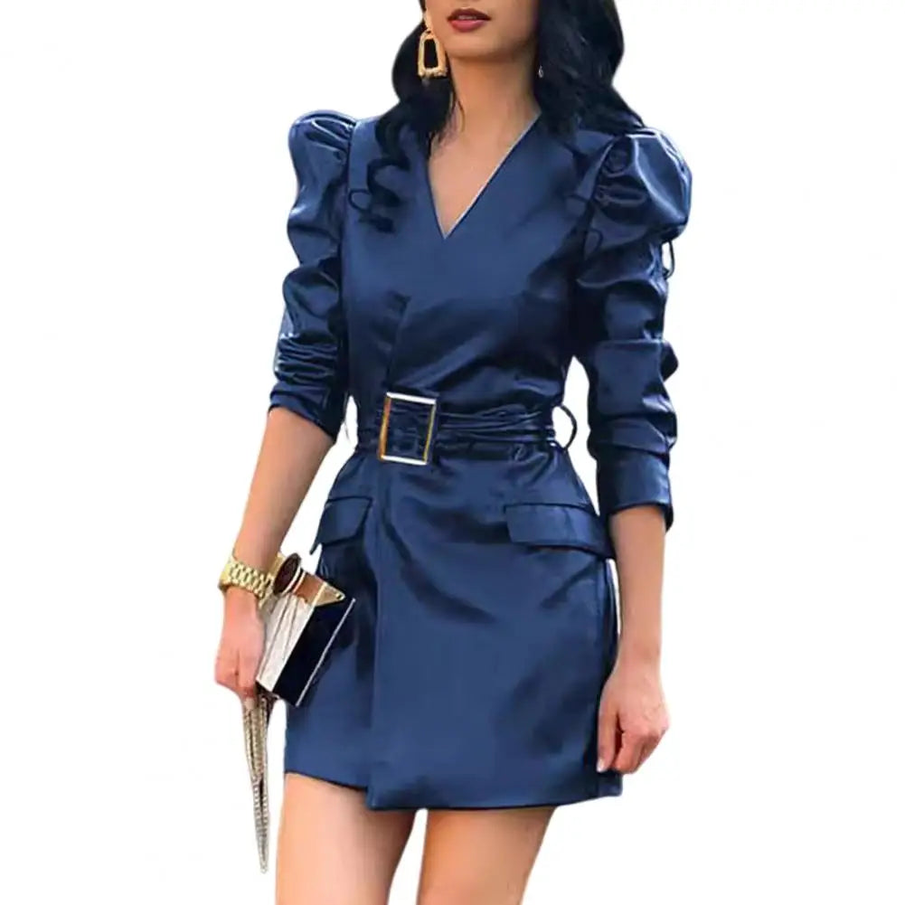NEW Arrivals S-XL 4 Colors Summer Women Dress Smooth Faux Leather V Neck Long Bubble Sleeves Belted Waist Lady Dress Slim Fit Solid Color Mini Dress Ladies Luxury Fashion Clothing Supplies