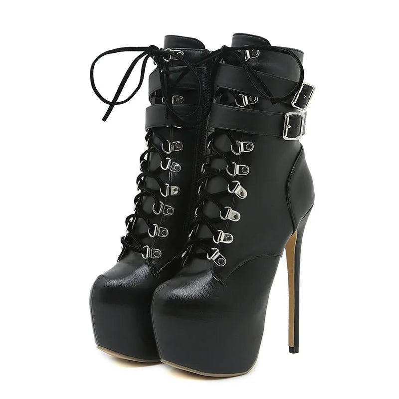 Sexy Buckle Strap 16.5 CM Extreme High Heels Platform Boots For Women Round Toe Cross Lace Up Party Club Stripper Shoes