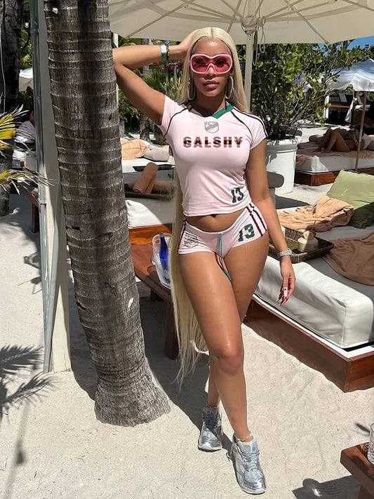 NEW 2PCS Set Black/Pink Color Women Hottie Sexy Summer Casual Tracksuits Short Sleeve O-Neck Tees +Drawstring Shorts Mujer Sporty Streetwear