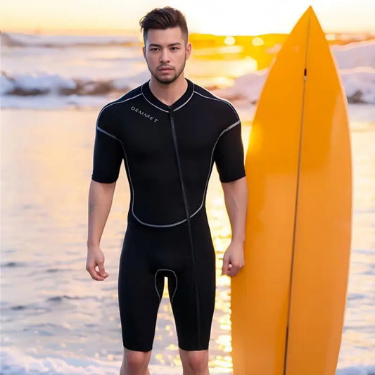 New 1.5/3M Neoprene Men's Short Sleeve Wetsuit Front Unzipper Snorkeling Surfing Swimsuit Keeps Warm