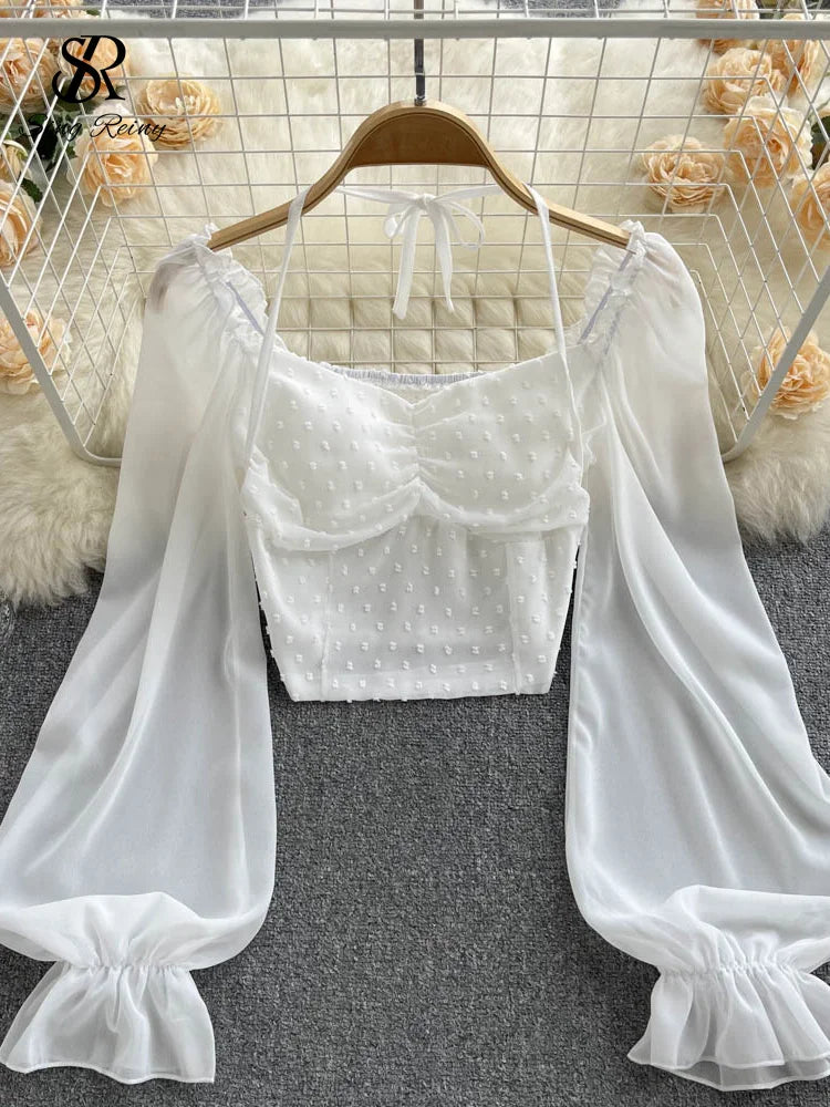 Polka Dot Folds Short Blouse Summer Slash Neck Long Sleeve Women Tie Halter Elastic Waist Fashion French Beach Top SINGREINY