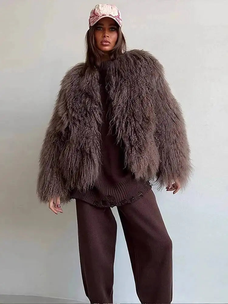 S-XL UK Size 4 Colors Fashion Brown Faux Fur Coat Women's Round Neck Loose Long Sleeves Thick Plush Short Jacket Winter New 7A1041