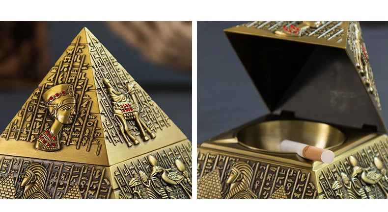 Egyptian Tutankhamun Pharaoh Bronzer Pyramid Metal Ashtray, Creative Candle Holder for Home Club Hotel KTV, European Style Decorative Sculpture