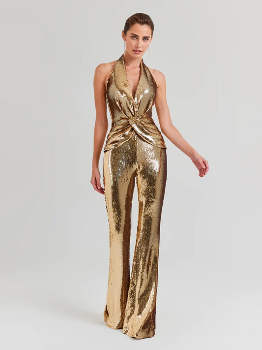NEW Arrivals Women's Sleeveless Gold Sequin Jumpsuit Sexy V Neck Sparkle Sequined High Waist Wide Leg Pants Jumpsuit Celebrity Evening Party Ladies Luxury Fashion Clothing Supplies