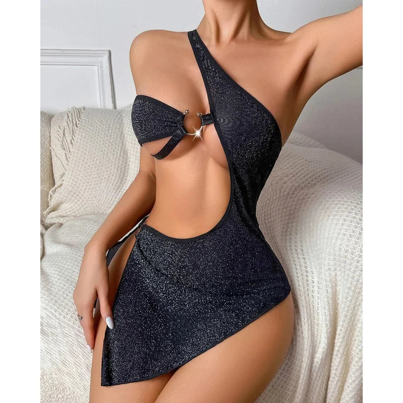 Just Arrived 2 PCS Set Sexy Hot Girls  Women's Dress Daring Hollow Dress Thong Intimate Asymmetrical Mermaid Body Starry Shiny Fabric Woman Clothes Night Clubwear Summer Evening Beach Party Suit