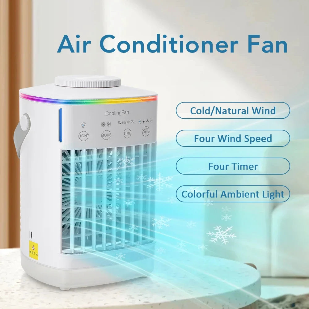 Home Office Air Conditioner Portable Fan Desktop Dual Spray Ultrasonic Atomization 3/4-Speed Mute Air Cooler Night Light for Outdoor Camping Beach Picnic Cooling Supplies