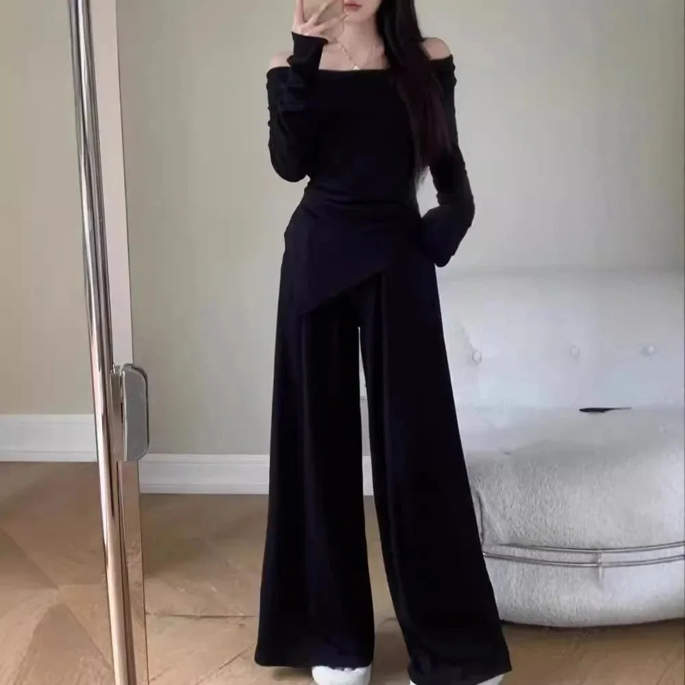 NEW Arrivals 2PCS Set M-2XL Black/Apricot/Gray Color Off-Shoulder Long Sleeve Elegant Suit Slimming Top And Smoothing Bottoms Women's Autumn Bell Pants High-End Feel