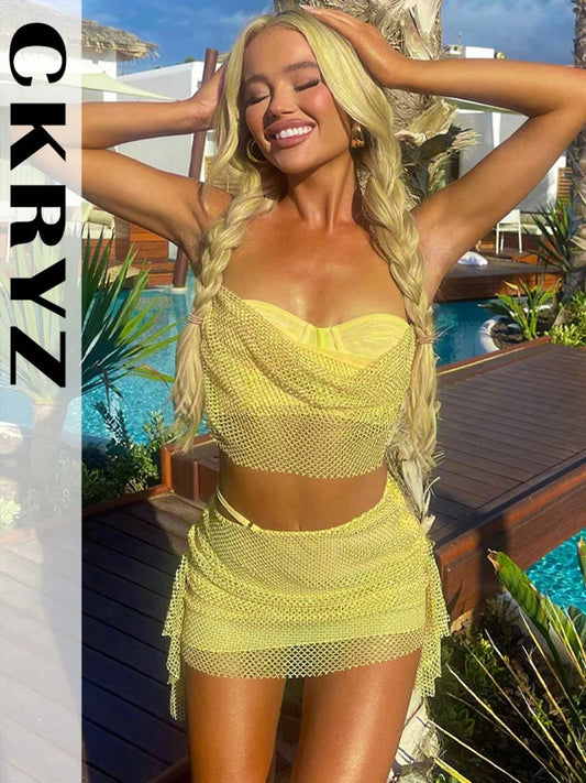 Ladies Summer Mesh Patchwork Y2K 2 Pieces Sleeveless Backless Sexy Crop Top And Mini Skirt Set Women New Fashion Party Clubwear