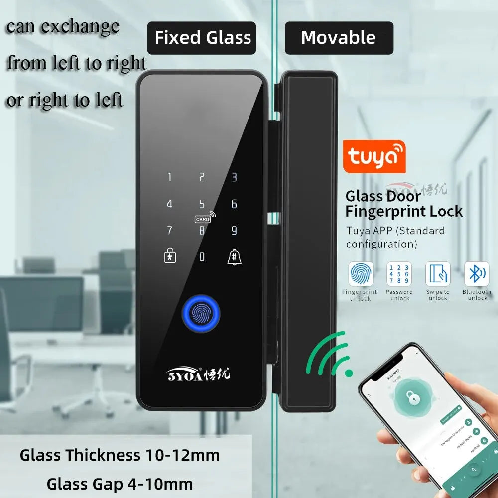 TUYA Door Lock App Glass Fingerprint Bluetooth Smart Glasses Electronic Biometric Door Lock 13.56Mhz RFID Remote Control Unlock