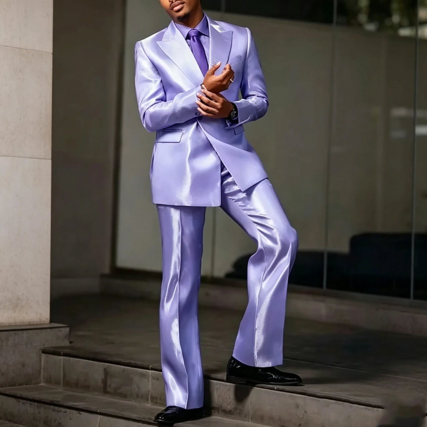 8 Colors 2 PCS Set S-7XL Extra Plus Size Luxury Men‘s Satin Suit Peak Lapel Slim Fit Tuxedo Jacket Straight Leg Pants Formal Outfit Wedding Prom Party Groom.