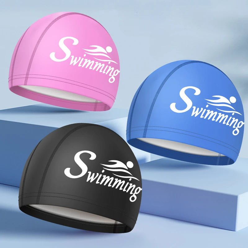 Swim Caps for Women Men Universal Large Size Long Hair Ear Protection Swimming Caps PU Waterproof Letter Printed Swimming Cap Bathing Accessories Sports Supplies