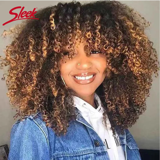 NEW Original Brazilian Sleek T1b/30 Afro Kinky Curly Human Hair Bob Wigs Brazilian Highlight P4/27 Remy Hair With Bang 250% Density Brown 6# Human Natural Hair