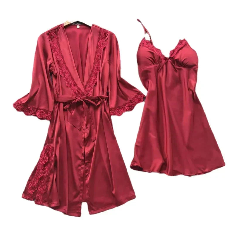 NEW 2PCS Set Female Lace Pajamas Set Satin Home Lace Robe Sleep Suit V-Neck Wedding Nightwear Silk Dress Women Sleepwear