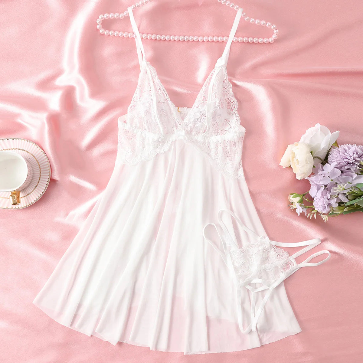 New Set  Solid Color Lace Women's Deep V-Neck Low-Cut Backless Mesh Pattern Hollow Irregular Halter Babydoll Nightdress Sleepwear Nightgown Suit Ladies Sexy Lingerie Fashion Clothing Supplies