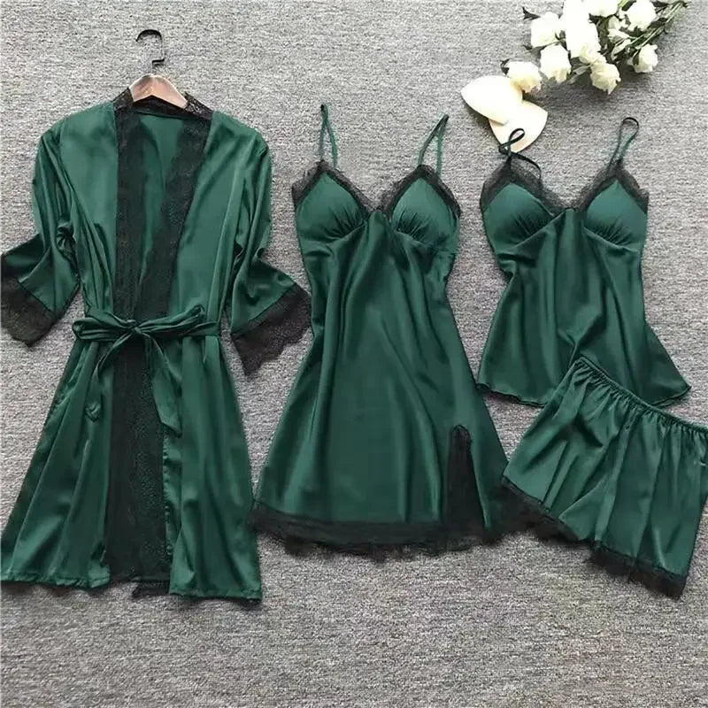 NEW BRANT 4PCS Set S-5XL Plus Size 6 Colors Women's Sleepwear Sexy Silk Ice Fabric Kimono Gown Home Clothes with Chest Pad Thin Material Comfortable Home Wear Ladies Nightgown Sets