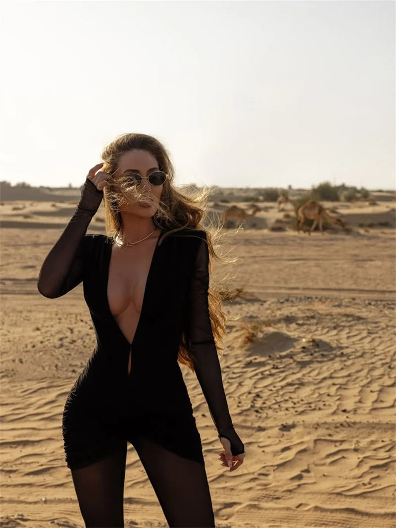 NEW Pink/Black Color UK Size Deep V Neck Long Sleeve Sexy Jumpsuits Women Autumn Winter Patchwork See Through Ruched Club Party Jumpsuit Female Fashion Clothing Supplies