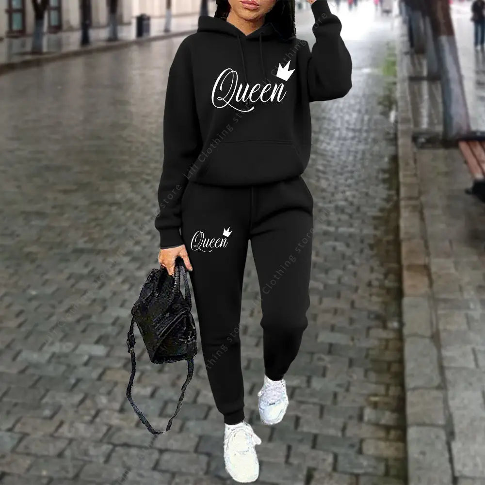 NEW 2PCS Set S-3XL UK Plus Size 10 Colors Queen Letter Graphic Women's Sets Hoodies Pants Suit Autumn Winter Sports Jogging High quality Aesthetic Tracksuit
