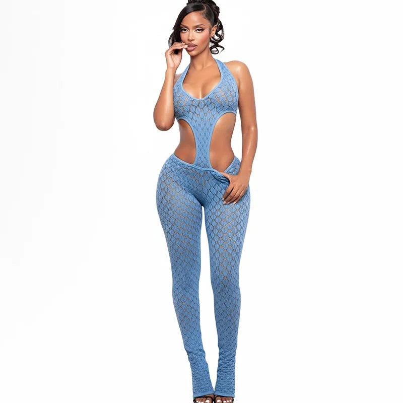 5 Colors Sexy See Through Jumpsuit Mesh Hollow Out Backless Halter Neck Rompers Summer Evening Beach Party Night Clubwear New Arrivals Women Clothes Streetwear Skinny Jumpsuits
