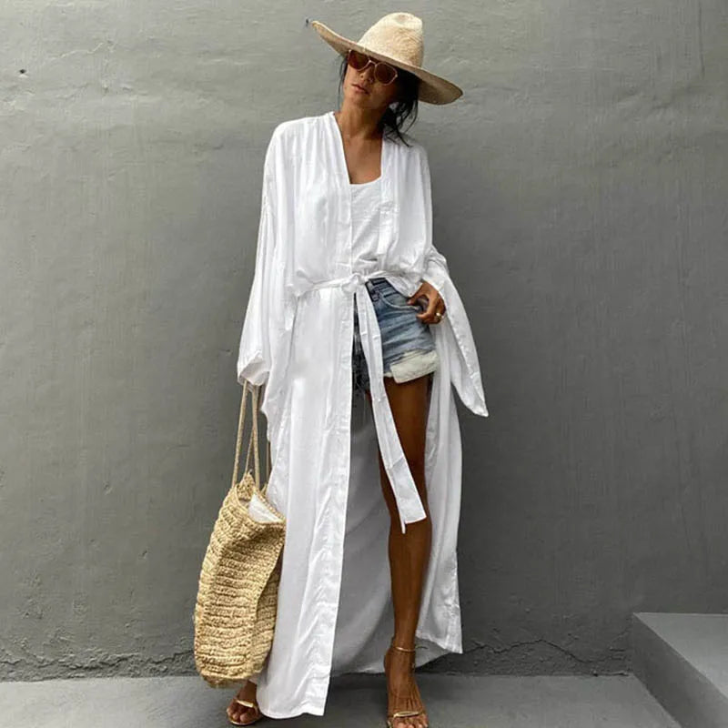 5 Colors Solid Beach Cover Up Women Self Belted Wrap Kimono Dress Swimsuit New Robe Summer Beachwear Factory Supply