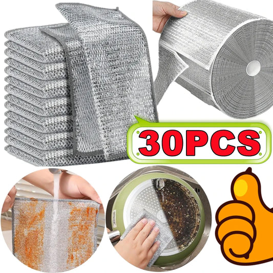 NEW 30PCS Set Double Layer Magic Cleaning Cloth Thickened Double-Sided Metal Steel Wire Rags Kitchen Dish Pot Wash Dishing Cloths Towel Clean Tools Household Supplies