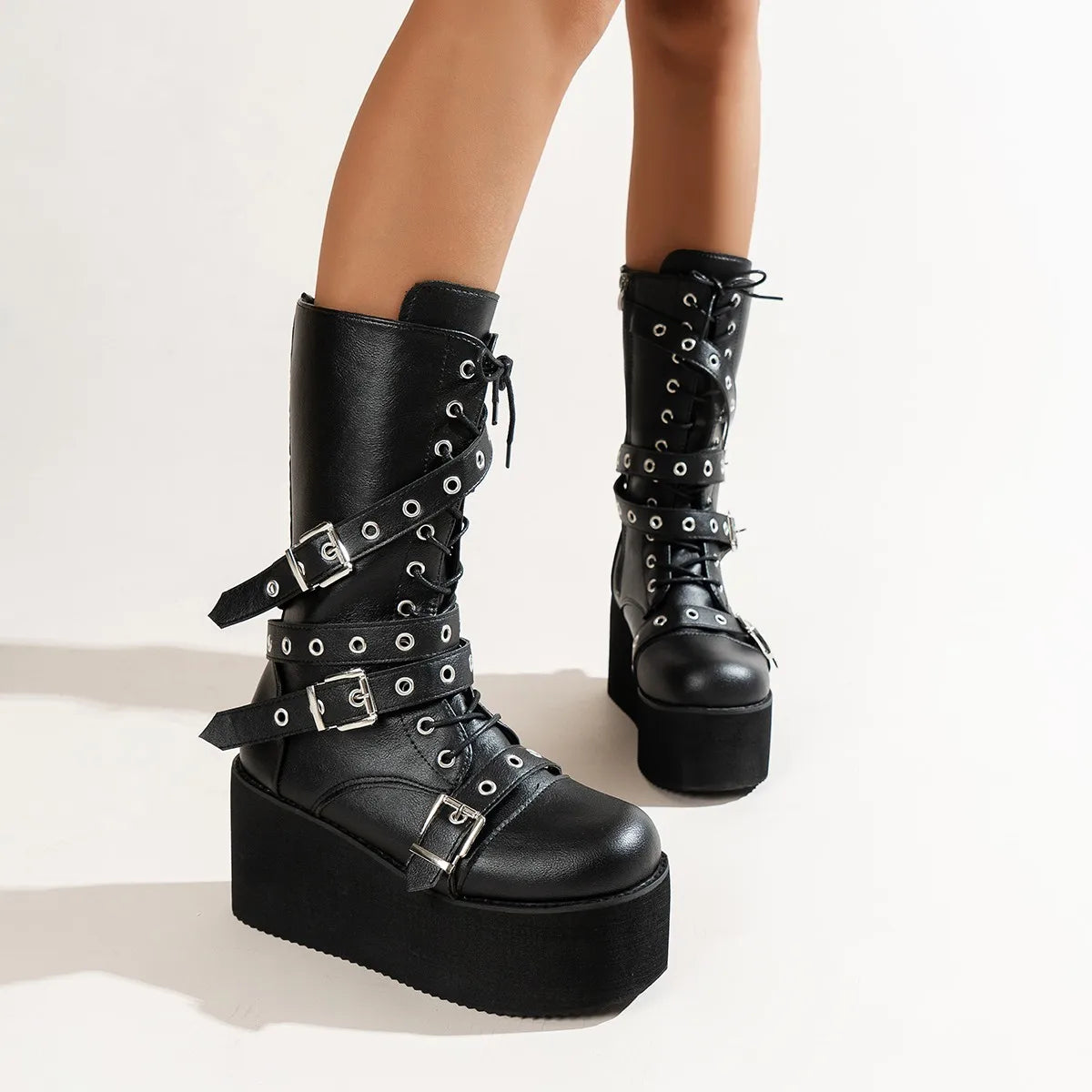 NEW Arrivals Big Size 43 Women Boots Black Lace Up Buckle Round Toe Wedges Platform Boots Punk Goth INS Women Street Shoes