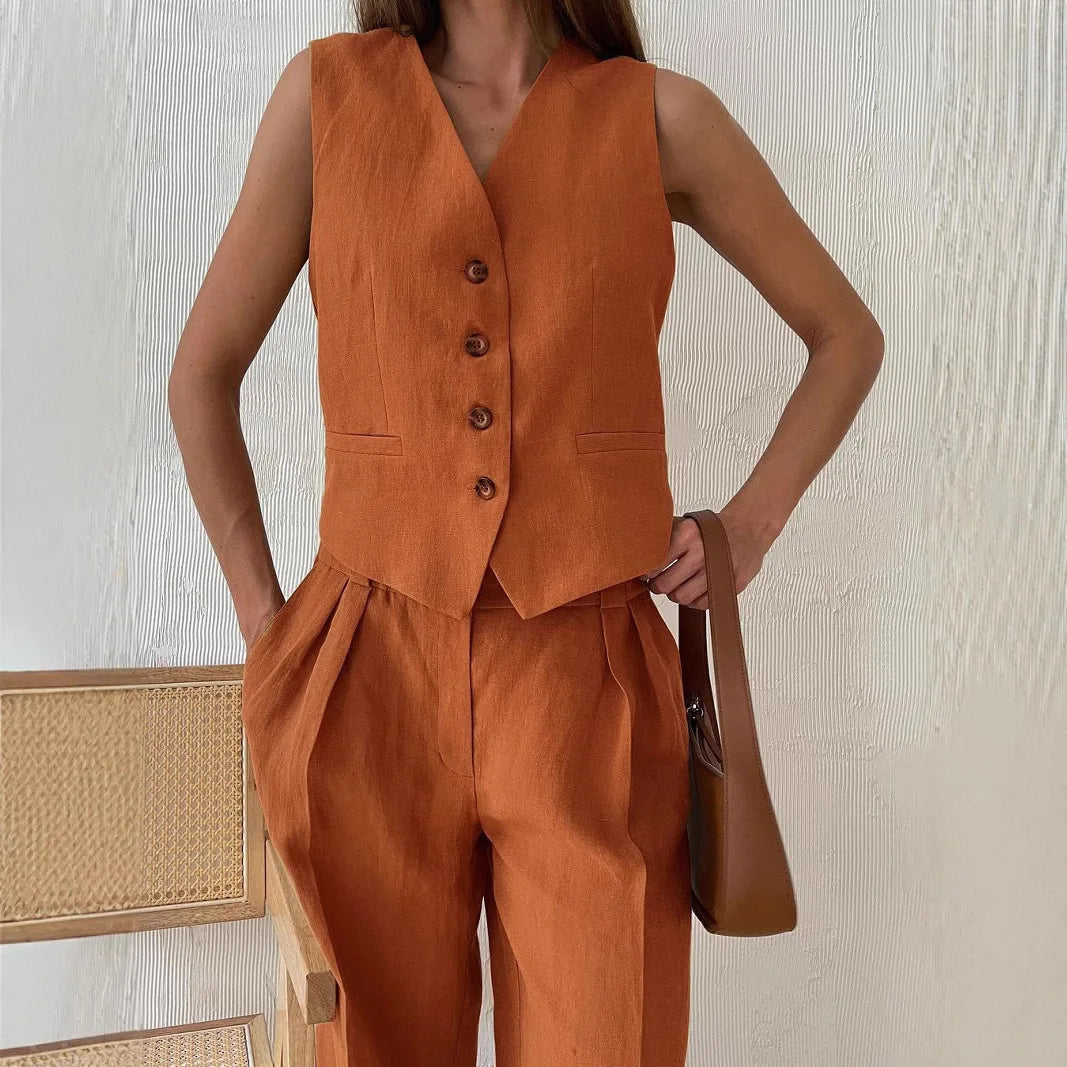 Just Arrived 2 PCS Set 4 Colors UK Size  Women Linen Cotton Chic Vest ＆ Pants Suit  Office Ladies Summer Chic  Women's Outfits