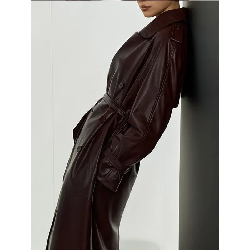 NEW Arrivals Autumn Winter Burgundy Lace Up Matte Leather Jackets Women Fashion Lapel Button Full Sleeve Long Coats New Street Outerwear Ladies Luxury Fashion Clothing Supplies