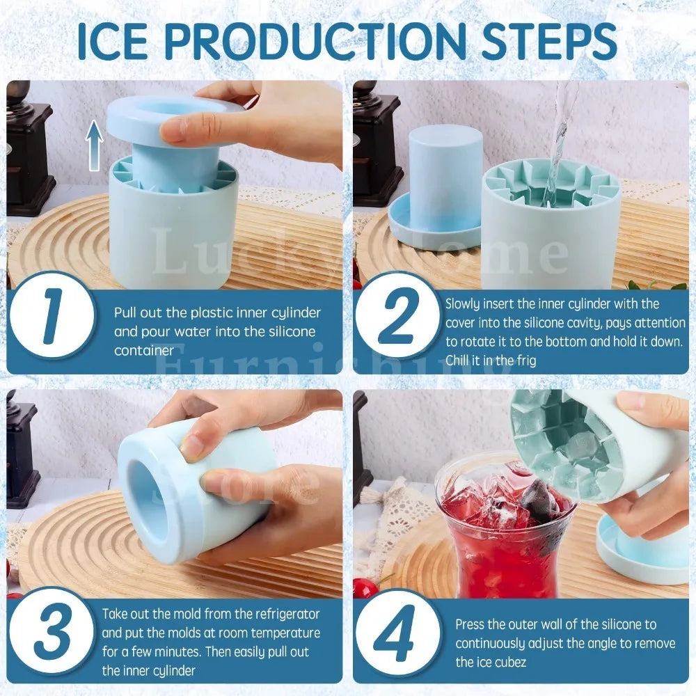 2 PCS Set Ice Bucket & Maker, Round Silicone Mold with Quick Freeze Tray, Food Safe Ice Cube Container for Party & Household Home Drinkware Accessories Barware Supplies.