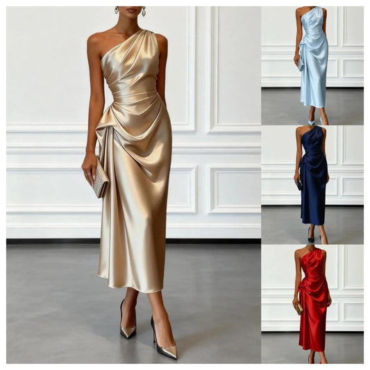 S-2XL UK Size One Shoulder Luxury Satin Midi Dress With Ruched Waist Elegant Sleeveless Evening Wedding Guest Business Party Formal Gown Ladies Outfits.