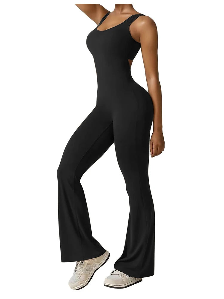 5 Colors S-XL Size Women's Fitness Flared Bodysuit Sexy Backless Fitness Tight Waistband Hipless Yoga Bodysuit V Back Waistband Hip Lift Female Apparel Sports Clothing Supplies