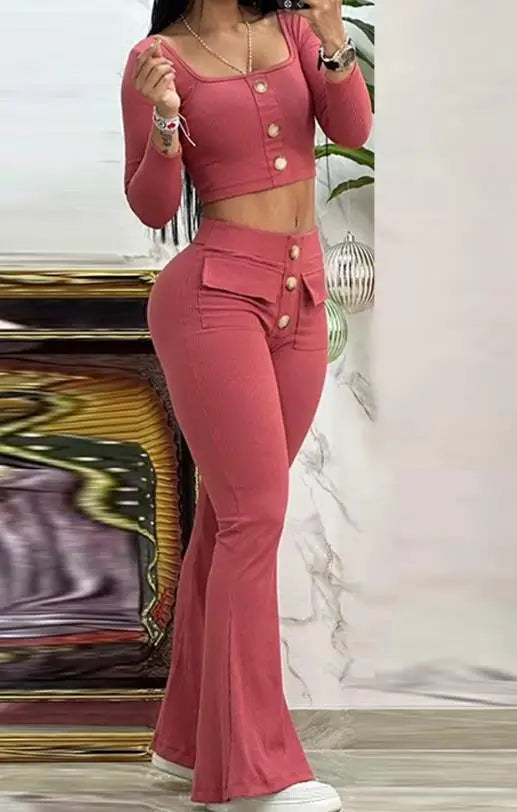 New Fashion Red/Blue 2PCS Set Summer Streetwear Elegant Women Evening Beach Party Night Club Outfit Square Neck Buttoned Sexy Top & Pocket Design Flared Pants Set Ladies Girls Casual Fashion Clothing Supplies