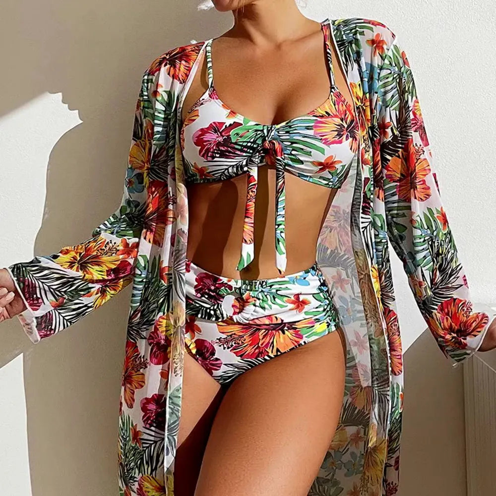 NEW!!! Sexy High Waisted Bikini Three Pieces Floral Printed Swimsuit Women Bikini Set With Mesh Long-Sleeved Blouse Size S-3XL