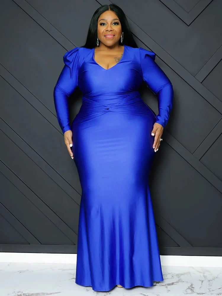 L-5XL Plus Size Black/Red/Blue/Green Evening Party Luxury Dresses Curvy BBW Women V-Neck Long Sleeve Full Length Bodycon Elegant Evening Maxi Dress