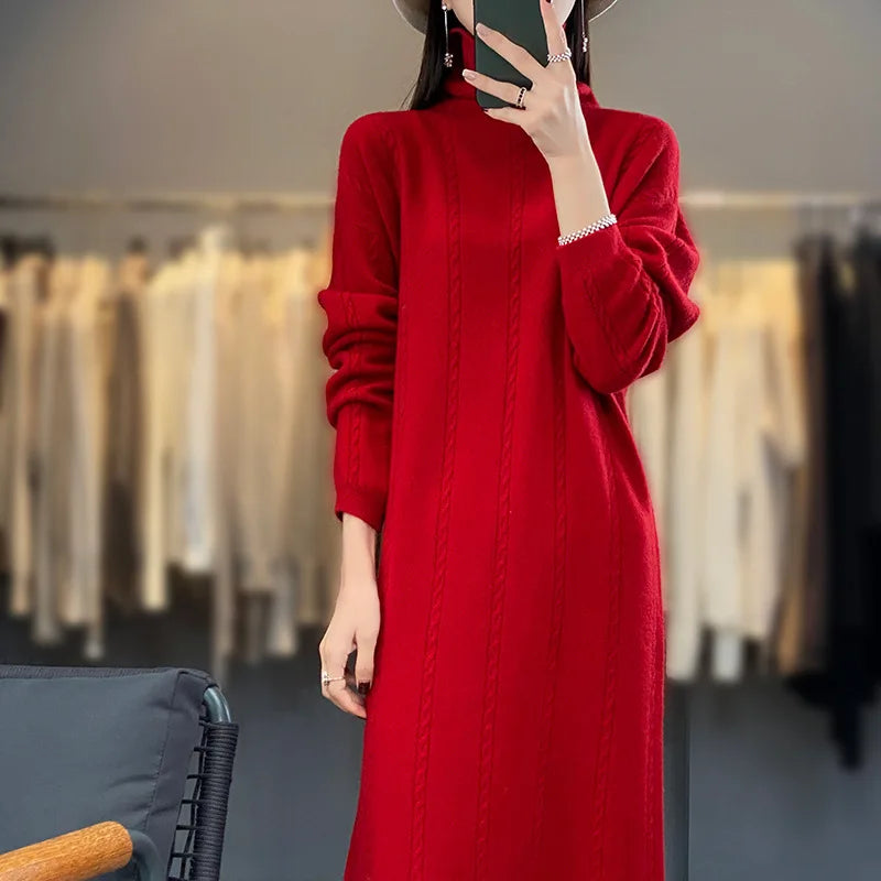 4 Colors 100% Pure Cashmere Dress High Collar Women's Winter Warm New Style Slimming Fashionable Versatile Loose Wool Long Dress