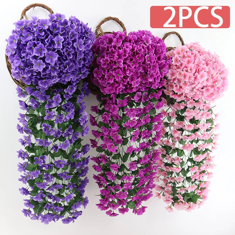 2PCS Artificial Violet Hanging Flower Vines Plastic Fake Flowers Wall Decor Plants Garland for Wedding Home Garden Decoration