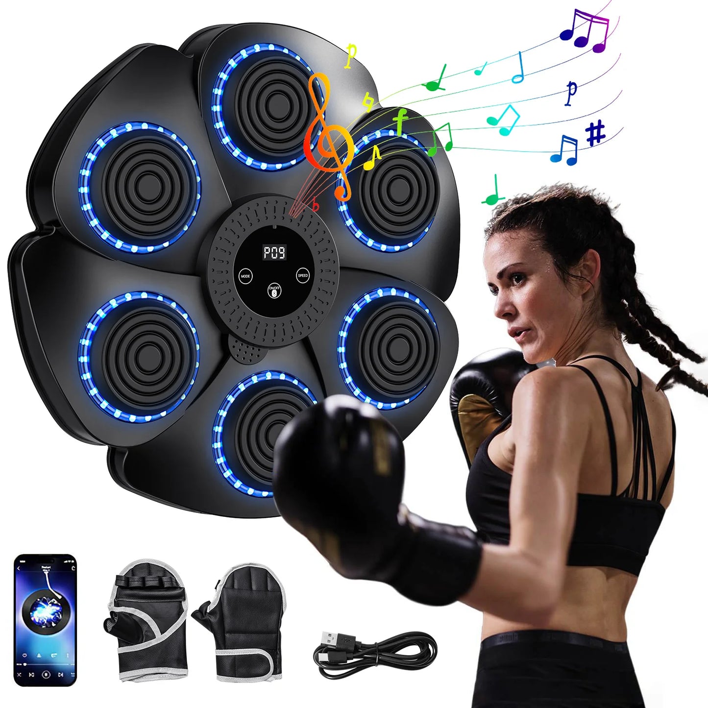 Home Gym Smart Bluetooth Music Boxing Machine Gloves-9 Modes Training, Decompression, Fighting Fitness Home Boxing Wall Target, Adults & Kids Sports Accessories