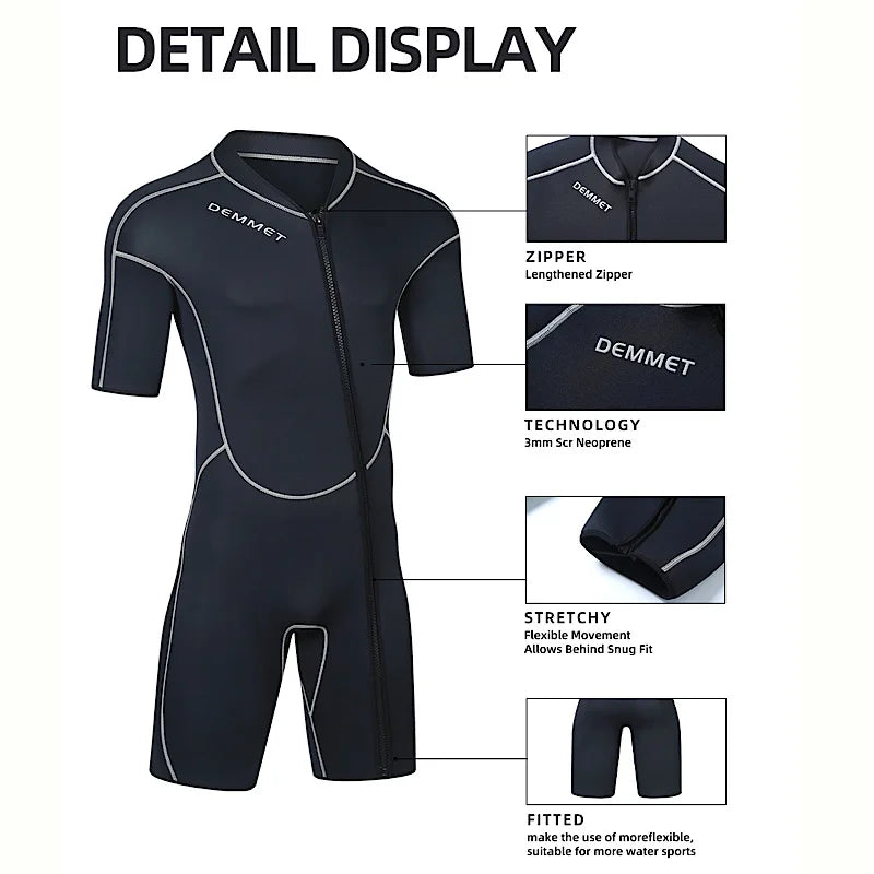 New 1.5/3M Neoprene Men's Short Sleeve Wetsuit Front Unzipper Snorkeling Surfing Swimsuit Keeps Warm