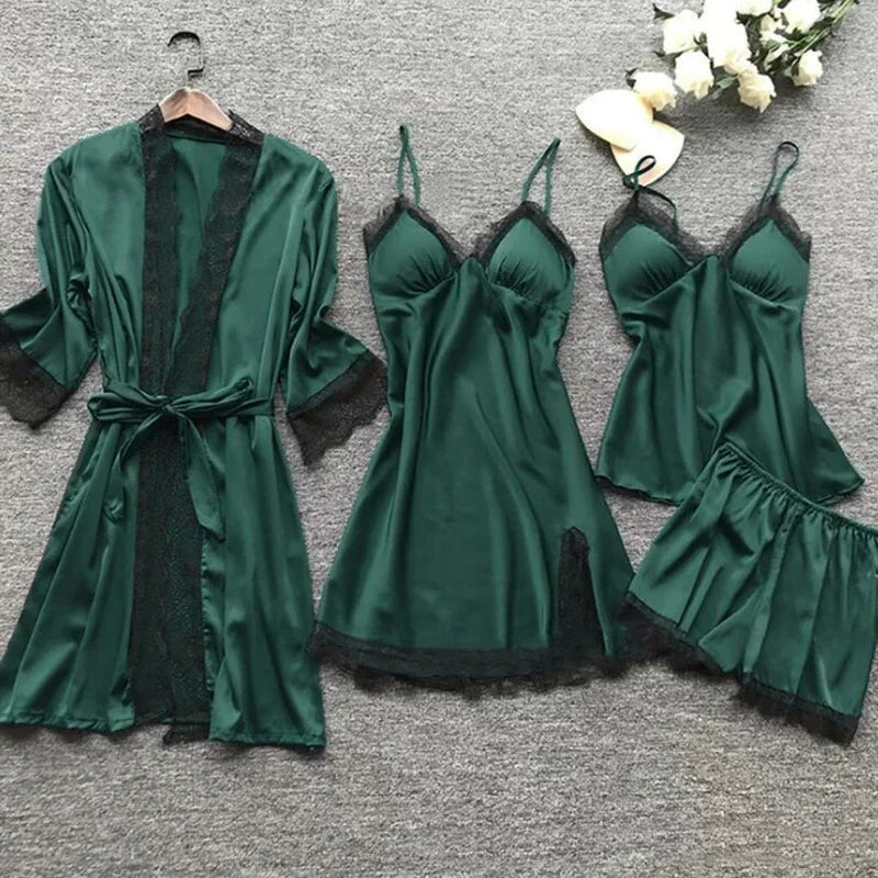 NEW 4PCS Set S-3XL Plus Size 6 Colors Chubby Women's Sexy Lace Pajamas Fashion V-Neck Satin Gown Comfort Pajamas with Chest Pads Nightdress Ladies Luxury Sleepwear Suit