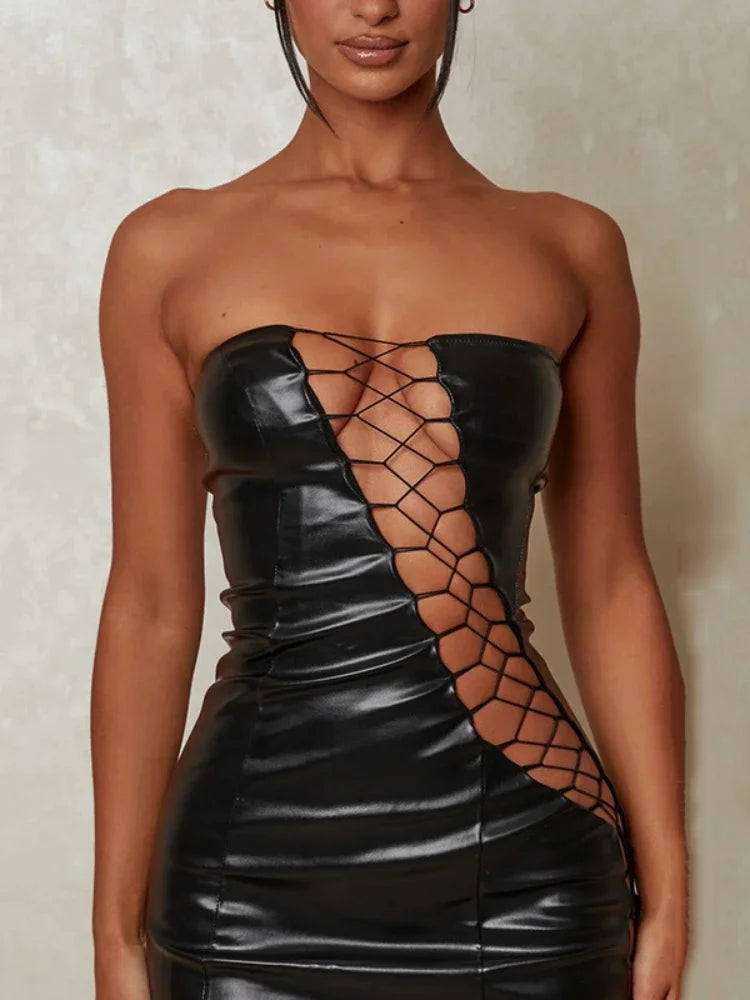 White and Black Color Women's Sexy PU Leather Cross Strap Hollow Out Slim Bodycon Dress Women Sleeveless Off Shoulder Mini Dress Evening Midnight Club Party Clothes
