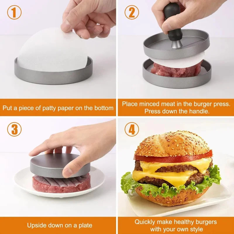 NEW Arrivals Stainless Steel Hamburger Patty Press Machine with Wooden Handle Non-Stick Patty Mold for Perfect Burgers Includes 100 Pcs Meat Pat Cooking Tools