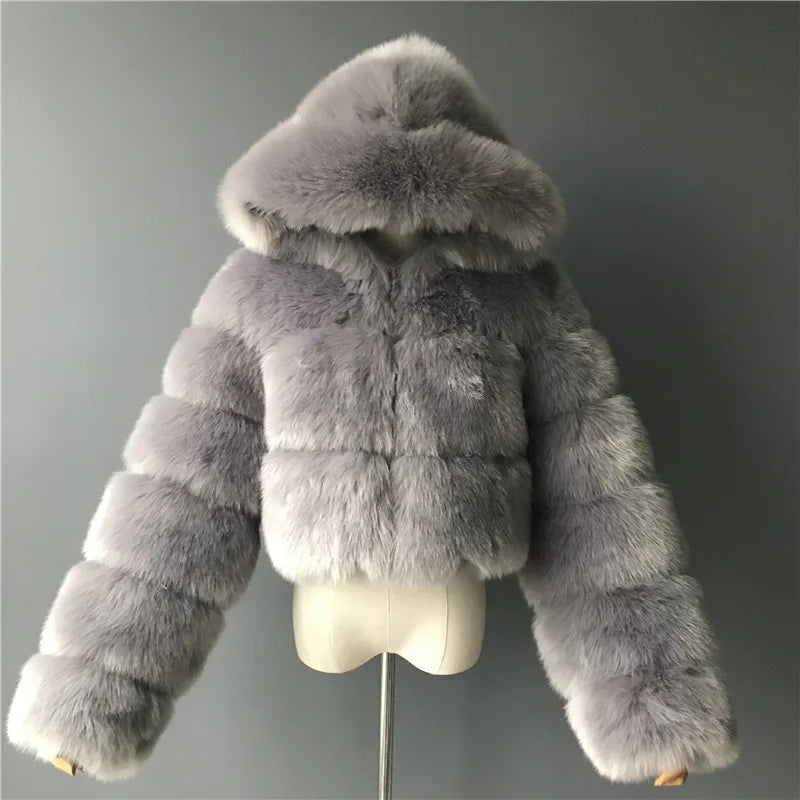 NEW Arrivals S-3XL Coffee/Dark Gray/Black Fashion Women Environmental Red Faux Fox Fur Coat with Hood Thick Warm Full Pelt Fake Fur Jacket Short Winter Woman Fur Coat Ladies Girls Luxury Fashion Clothing Supplies
